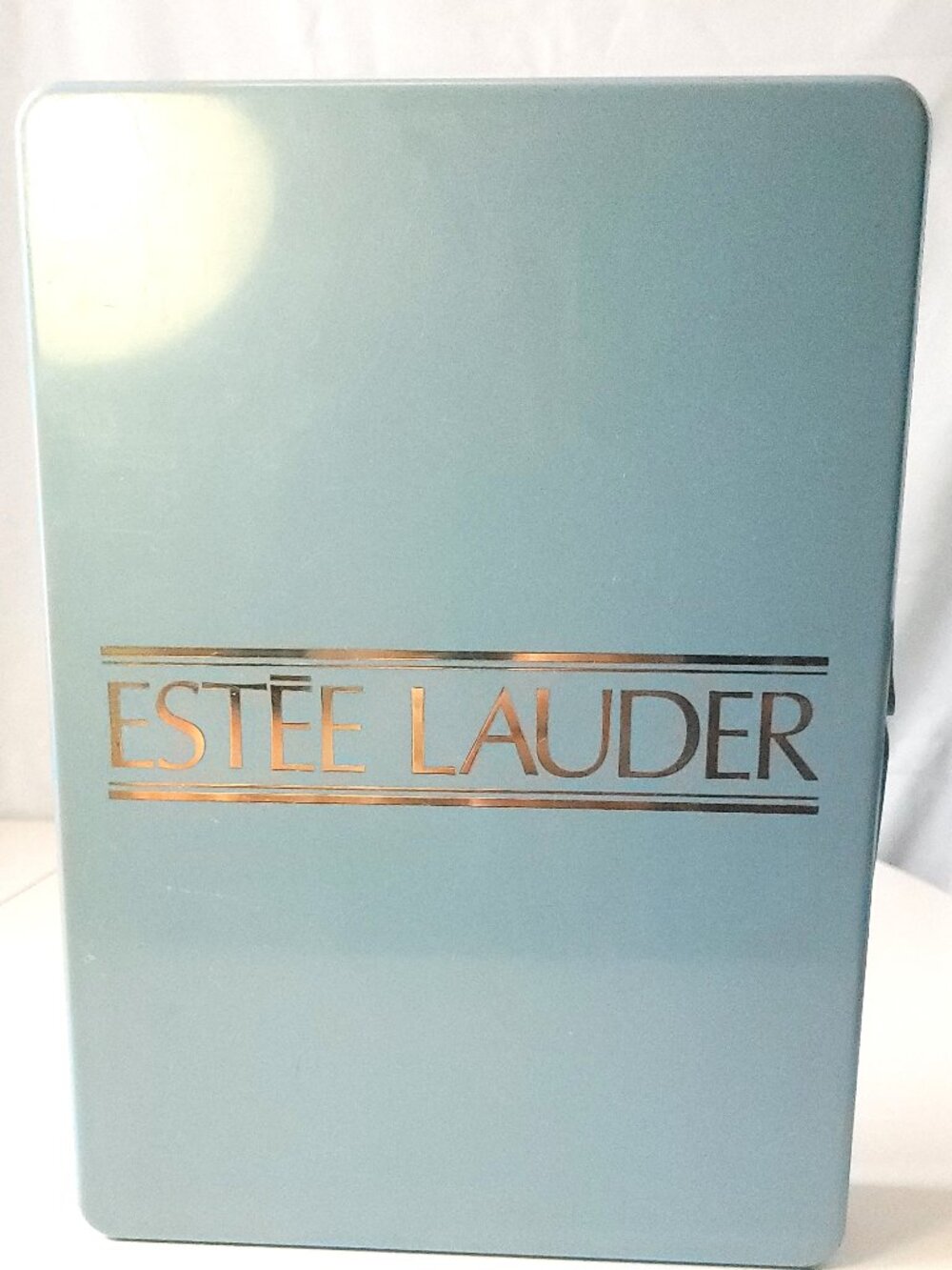 1970s Estée Lauder Light Blue Hard Plastic Case Filled with Sewing Thread